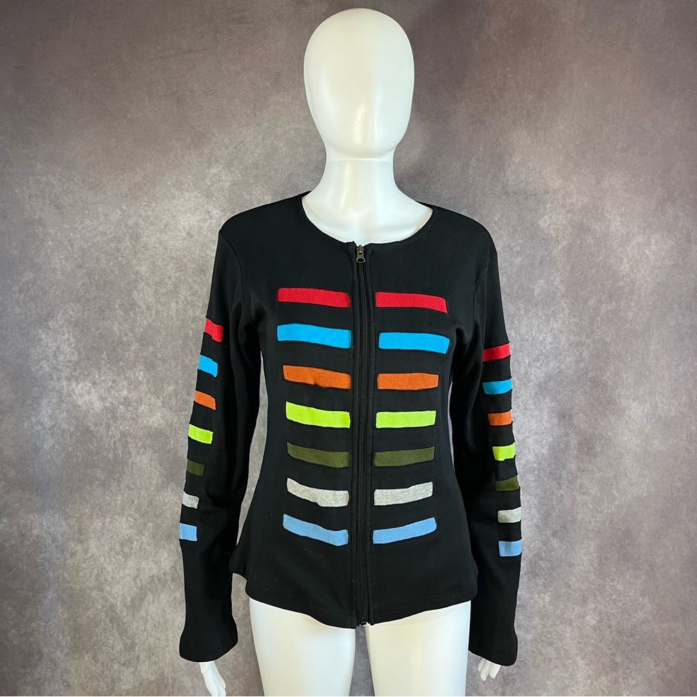 Cheppo Zip Up Black w/ Color Blocks Active Wear Crew Neck Sweatshirt Sz Medium
